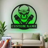 Insegna LED Teschio Idraulico | Decorazione Garage Personalizzata per Uomini | Arte da Parete con Nome Personalizzato per Officina | Luce Industriale per Man Cave