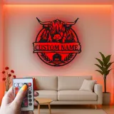 Highland Cow Metal Sign with LED | Personalized Farmhouse Wall Art | Custom Rustic Ranch Decor & Family Name Gift