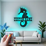 Cartel de metal personalizado de caballito de mar | Arte mural de luz LED personalizada | Decoración náutica para casa de playa | Regalo para hogar costero