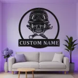 Panneau Mécanicien Crâne Personnalisé | Décoration Murale en Métal Rétroéclairée | Décor de Garage Personnalisé pour Lui | Cadeau Motard