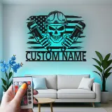 Custom Plumber Skull Metal Sign | LED Light Wall Art with American Flag | Personalized Gift for Plumbers, Workshop, or Garage Decor
