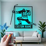 Arte metálico personalizado de jugador de hockey | Cartel LED con nombre a medida para sala de juegos | Regalo para deportista | Decoración para cueva masculina