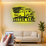 Arte mural de lineman | Cartel LED personalizado de camión de cubo | Decoración patriótica con bandera americana para garaje | Placa de nombre personalizada