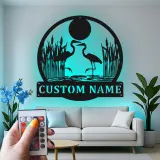 Arte murale in metallo con Airone e luci LED | Insegna personalizzata con nome per casa al lago | Regalo personalizzato per amanti degli uccelli | Decorazione di fauna selvatica per patio