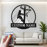 Décoration murale LED en métal Lineman | Silhouette d’électricien personnalisée | Panneau prénom sur mesure pour agent de réseau | Déco powerline