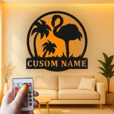 Cartel LED de flamenco personalizado | Arte mural de metal personalizado | Decoración tropical para patio y salón