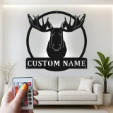 Insegna in metallo LED della testa di alce personalizzata | Arte murale rustica di fauna selvatica per decorazione di cabin e lodge | Regalo personalizzato per cacciatori