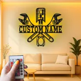 Custom LED Mechanic Sign | Metal Piston & Wrenches Wall Art | Personalized Garage Decor | Auto Shop Lighted Gift