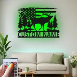 Insegna in metallo personalizzata con luce LED a forma di alce e bandiera americana, regalo per amanti della natura, decorazione per cabine rustiche