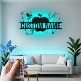 Cartel de nombre de profesor personalizado | Arte mural de metal LED en forma de manzana | Decoración de aula personalizada | Regalo de agradecimiento para profesores