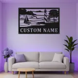 Panneau en métal de phare | Signalisation côtière LED | Décor personnalisé de maison de plage | Cadeau de silhouette de voilier nautique