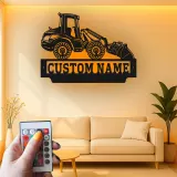 Cartel de metal personalizado de tractor | Decoración mural LED personalizada de cargadora frontal | Regalo para trabajador de la construcción para el garaje | Decoración de maquinaria pesada