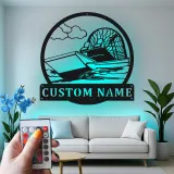 Décoration murale en métal LED personnalisée en forme d'airboat - Cadeau pour les passionnés de navigation - Décor nautique pour man cave