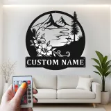 Custom Mountain Metal Wall Art | Personalized LED Name Sign with Floral Scene | Cabin Decor & Outdoor Lover Gift