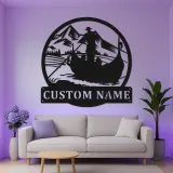 Insegna in metallo personalizzata per pesca con LED | Arte da parete con nome su misura per casa al lago e baita | Regalo originale per pescatore
