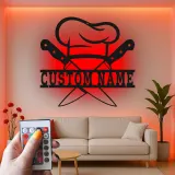 Décoration murale en métal personnalisée Chapeau de Chef et Couteaux avec rétroéclairage LED