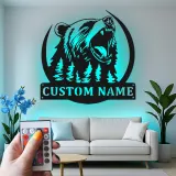 Décoration murale en métal personnalisée avec éclairage LED Forêt d'Ours Cadeau pour Amateurs de Nature Décor de Cabane ou Lodge