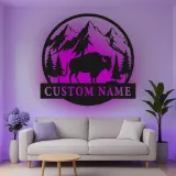 Personalisierte LED-Leuchttafel aus Metall mit Bison-Motiv – Rustikales Geschenk für Naturfreunde