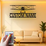 Décoration murale en métal LED personnalisée Biplan Cadeau d'aviation pour pilote Décor de hangar pour passionnés d'aviation