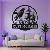 Décoration murale en métal LED de corbeau | Panneau nominatif personnalisé pour décor de cabane | Silhouette de faune forestière personnalisée | Cadeau pour amoureux de la nature