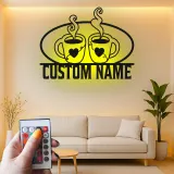 Cartel de metal personalizado con luz LED para pareja de tazas de café, regalo personalizado para cocina o decoración de café