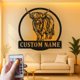 Décoration murale LED en métal Highland Cow | Enseigne ferme personnalisée | Cadeau déco rustique sur mesure pour amoureux des vaches
