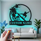 Custom Surfer Metal Wall Art | Personalized LED Beach House Decor | Tropical Wave Silhouette Sign | Gift for Ocean Lovers