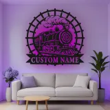 Décoration murale en métal personnalisée de train à vapeur avec rétroéclairage LED - Cadeau pour passionnés de trains, décoration pour man cave ou bureau