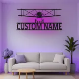 Décoration murale en métal LED personnalisée Biplan Cadeau d'aviation pour pilote Décor de hangar pour passionnés d'aviation