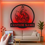 Plaque prénom renard personnalisée | Décoration murale LED en métal pour chambre d’enfant | Déco animalière forêt | Veilleuse pour chambre d’enfant