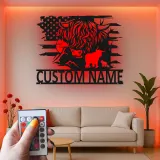 Décoration murale en métal Highland Cow | Enseigne LED personnalisée avec drapeau USA | Déco ranch sur mesure | Cadeau pour fermier