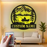 Insegna da pesca personalizzata con LED | Insegna in metallo personalizzata | Decorazione per casa al lago per pescatori | Regalo per appassionati di pesca