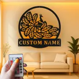 Peacock Metal Wall Art | Personalized LED Sign with Name | Elegant Home Decor Gift for Mom | Custom Bird Silhouette for Living Room