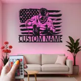 Insegna in metallo personalizzata con saldatore e bandiera americana retroilluminata, regalo personalizzato per officine o garage di saldatori