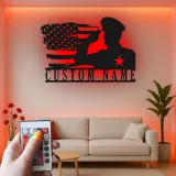 Custom Military Name Sign | LED American Flag Wall Art | Personalized Veteran Gift | Patriotic Army Home Decor