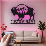 Cartel de metal personalizado con escena de montaña y bisonte iluminado LED, regalo para amantes de la naturaleza, decoración rústica para salas de estar