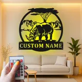 Décoration murale en métal personnalisée Safari Rhinocéros avec rétroéclairage LED Cadeau animalier Décor unique pour les amoureux de la nature