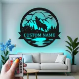 Personalisierte Wolf Heulende Bergszene LED Metall-Wandkunst Geschenk für Naturfreunde Cabin oder Lodge Dekor