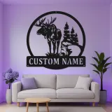 Panneau en métal personnalisé avec élan et lumières LED | Art mural personnalisé pour cabane | Décoration rustique de forêt et de faune | Cadeau pour chalet de chasseur
