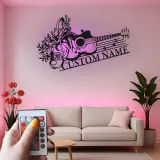 Personalized Guitar LED Sign | Custom Metal Wall Art for Music Room | Floral Musician Gift | Boho Home Decor