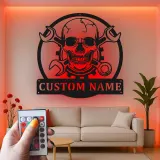 Cartel LED de Calavera Mecánica | Arte de Pared Personalizado para Garaje | Decoración de Taller Personalizada para Él | Luz de Man Cave Gearhead