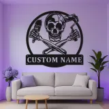 Individuelles Skull Painter Schild | Personalisiertes LED Metallschild für Studio | Gothic Wanddekoration für Künstler | Überkreuzte Pinsel- & Farbroller-Logo
