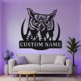 Gufo reale LED in metallo da parete | Insegna personalizzata con nome a tema bosco | Decorazione rustica per baita e lodge per amanti della fauna selvatica