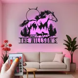 Cartel personalizado para rancho con caballo | Decoración mural LED de metal para estilo ecuestre | Luz de bienvenida farmhouse personalizada