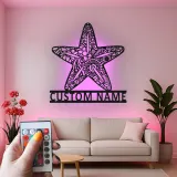 Insegna in metallo LED a forma di stella marina personalizzata | Arte murale oceanica personalizzata | Decorazione costiera per casa al mare e saloni | Targa ornata con nome