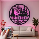 Personalisierte Nautische LED-Wandkunst | Individuelles Schiffs- und Kompass-Metallschild | Vintage Küstendekor für Zuhause oder Büro