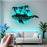 Décoration murale en métal personnalisée avec baleine et palmiers, lumière LED, cadeau unique pour les amoureux de l'océan, décoration de maison de plage
