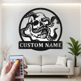 Panneau en métal LED Crâne & Pieuvre | Décoration murale nautique gothique personnalisée | Décor de pirate sur mesure pour salle de loisirs, bar ou studio