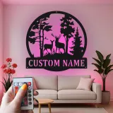 Insegna in metallo personalizzata con cervo e luce LED per amanti della natura, regalo per cabin