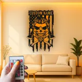 Patriotic Skull LED Wall Art | Custom Firefighter Metal Sign | American Flag Man Cave Decor | Personalized Gift for Him